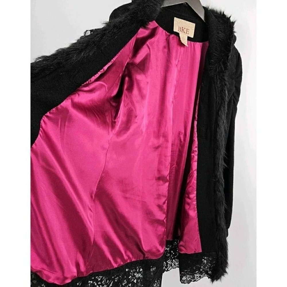 BKE Black Wool Pink Lined Faux Fur Hooded Lace Hem Goth Style Jacket Coat Sz L - Picture 3 of 5